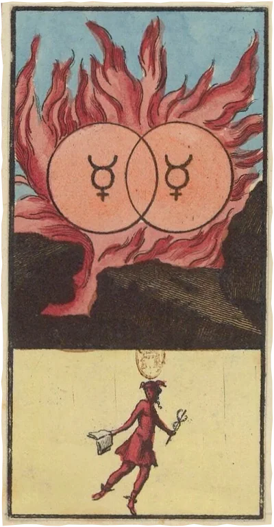 the two of coins from the grand etteilla tarot: two mercury signs inside overlapping circles in a blaze of flame above a dark hill; below, hermes walks with his caduceus.