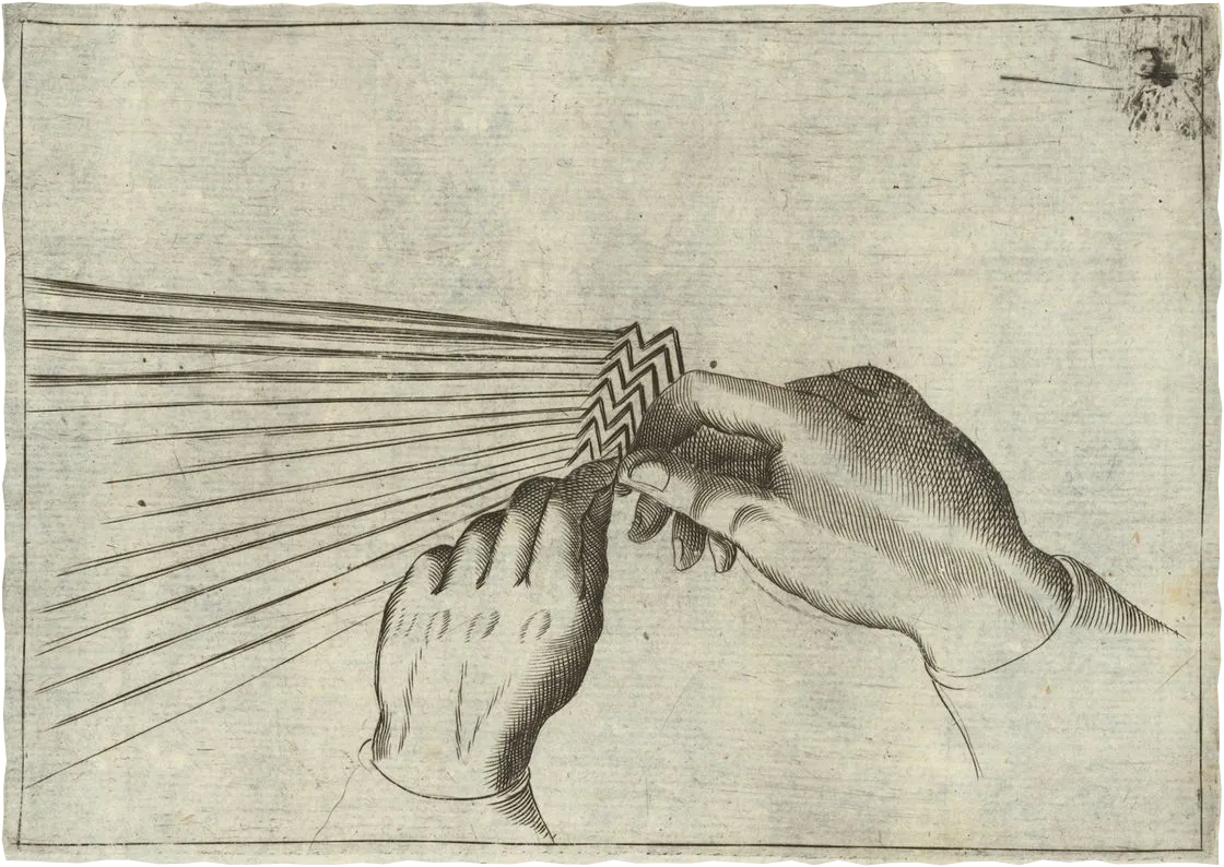 an engraving of two hands braiding a fan of long threads into a zigzag band.